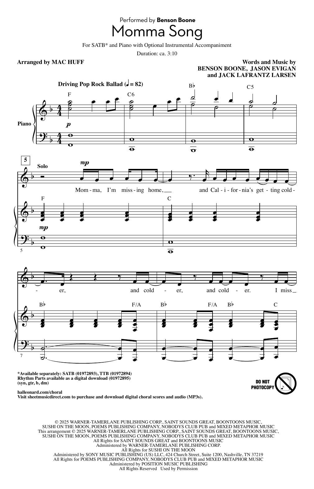 Produktgalerie: Seite 1 von 1 Momma Song (arr. Mac Huff), Benson Boone, Chor