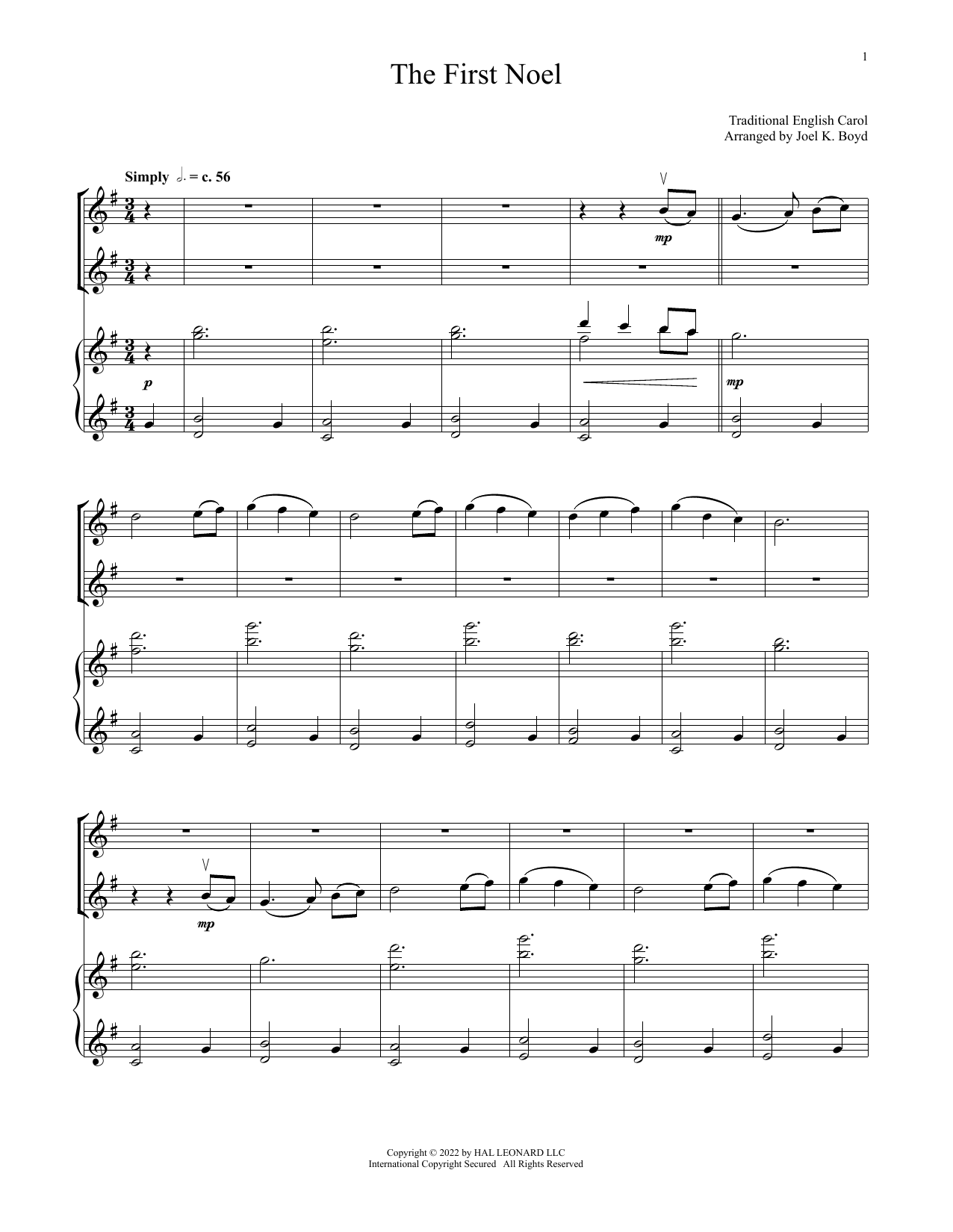 Product gallery: Page 1 of 1 The First Noel (for Violin Duet and Piano), 17th Century English Carol