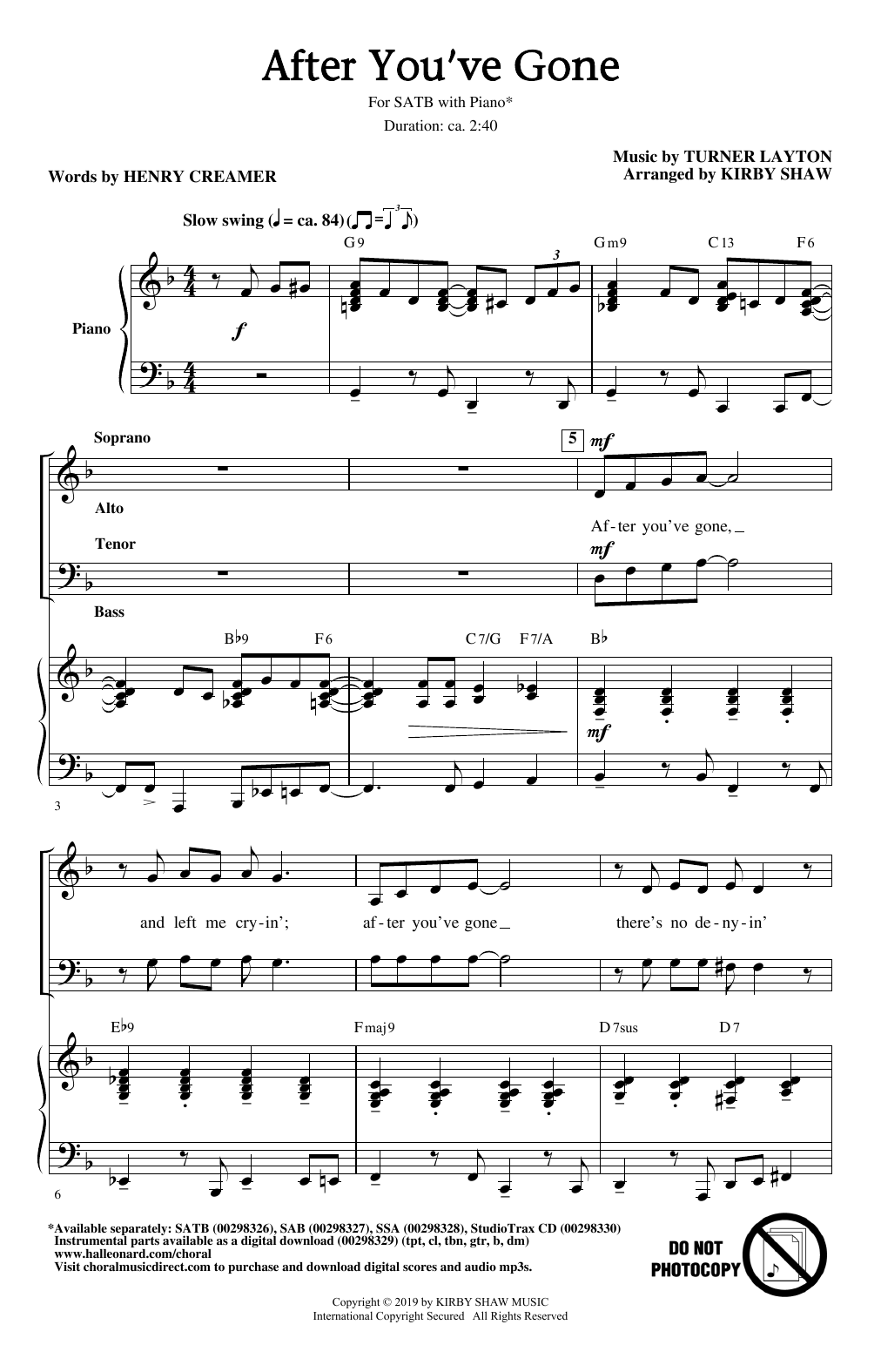 Product picture to: After You've Gone (from One Mo' Time) (arr. Kirby Shaw)