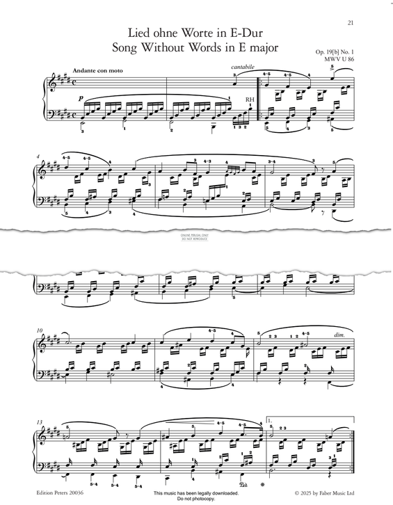 Produktgalerie: Seite 1 von 1 Song Without Words in E Major Op.19(b), No.1, Felix Mendelssohn, Klavier