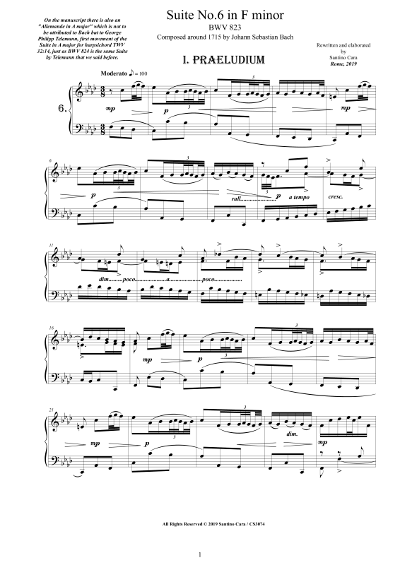 Produktbild zu: Piano Suite No.6 in F-Moll BWV 823 - Complete Piano VersionJohann Sebastian Bach