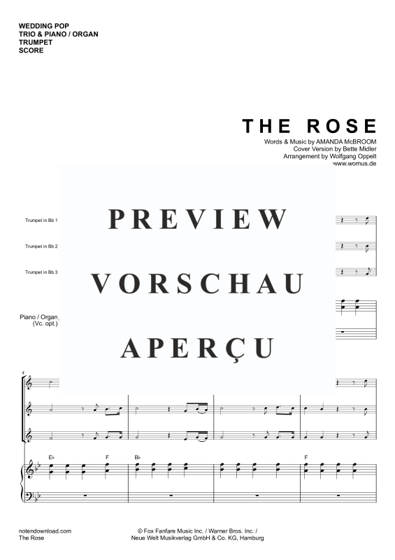Product gallery: Page 4 of 11 The Rose, Midler, Bette, Trio For 3 Trumpets In Key, Piano/Organ, Cello (Optional) - Single Version