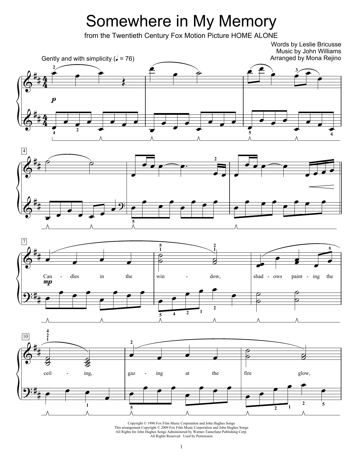 Product gallery: Page 1 of 1 Somewhere In My Memory (arr. Mona Rejino), John Williams