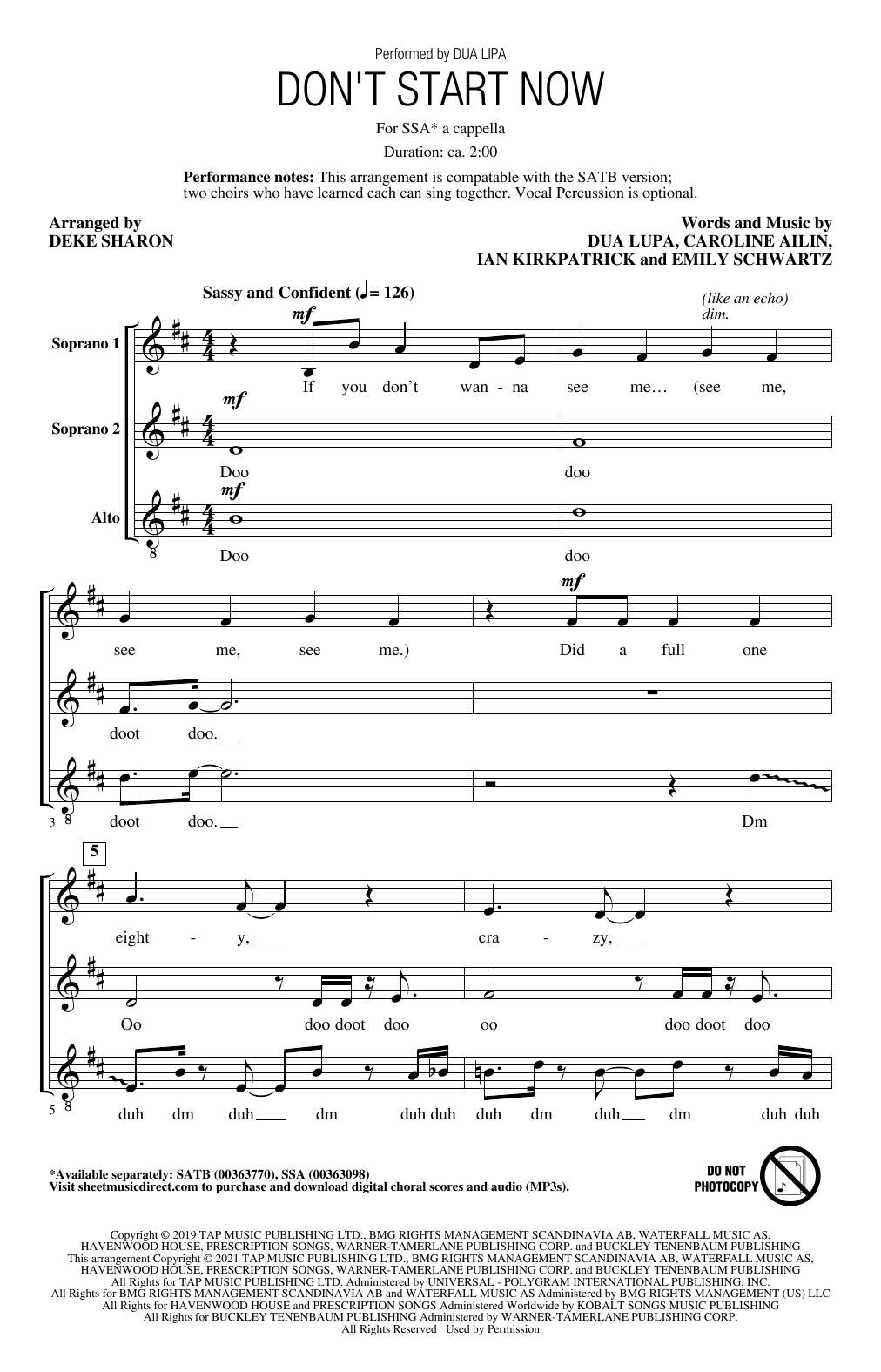 Product gallery: Page 1 of 1 Don't Start Now (arr. Deke Sharon), Dua Lipa