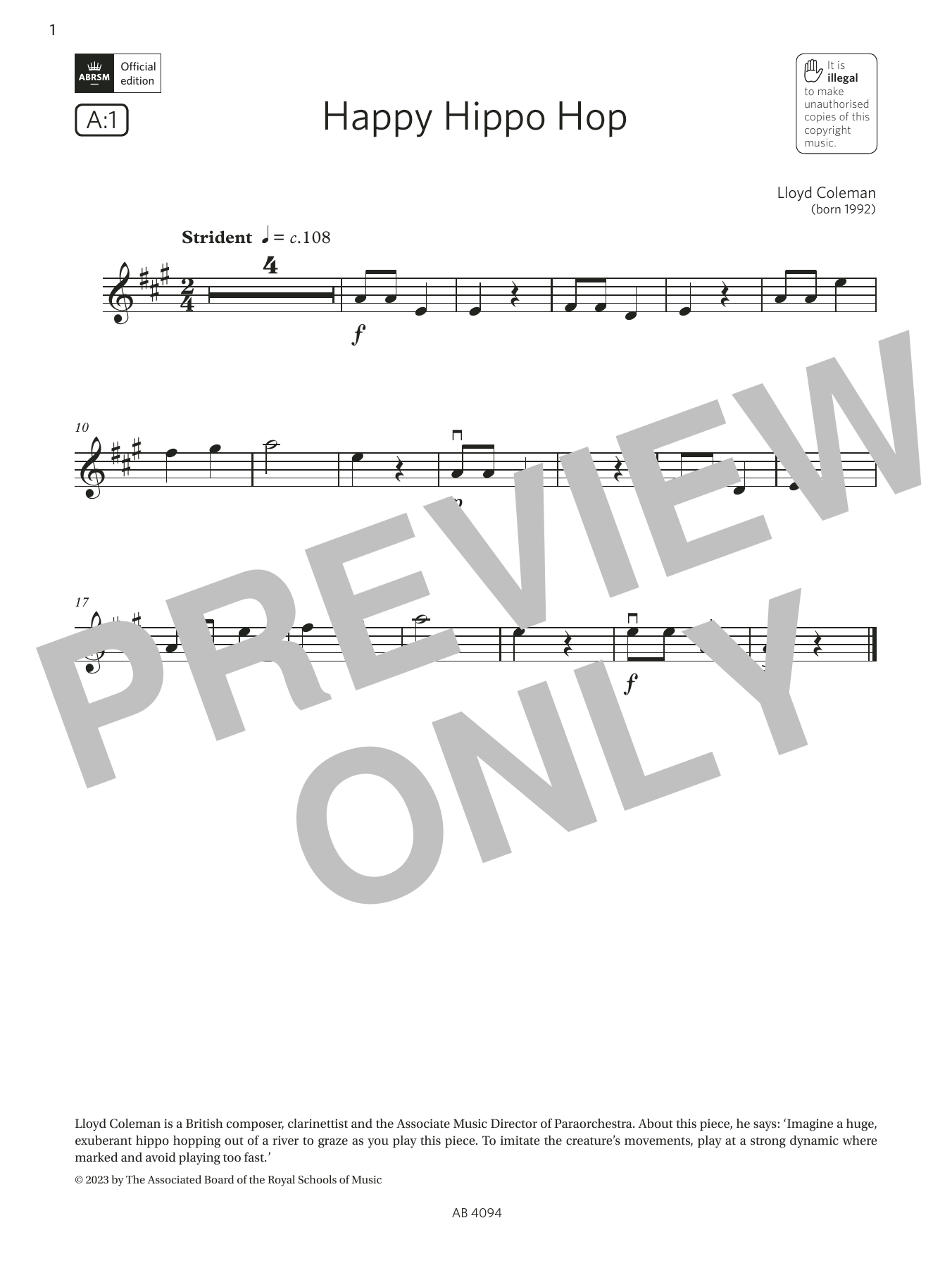 Product gallery: Page 1 of 1 Happy Hippo Hop (Grade Initial, A1, from the ABRSM Violin Syllabus from 2024), Lloyd Coleman