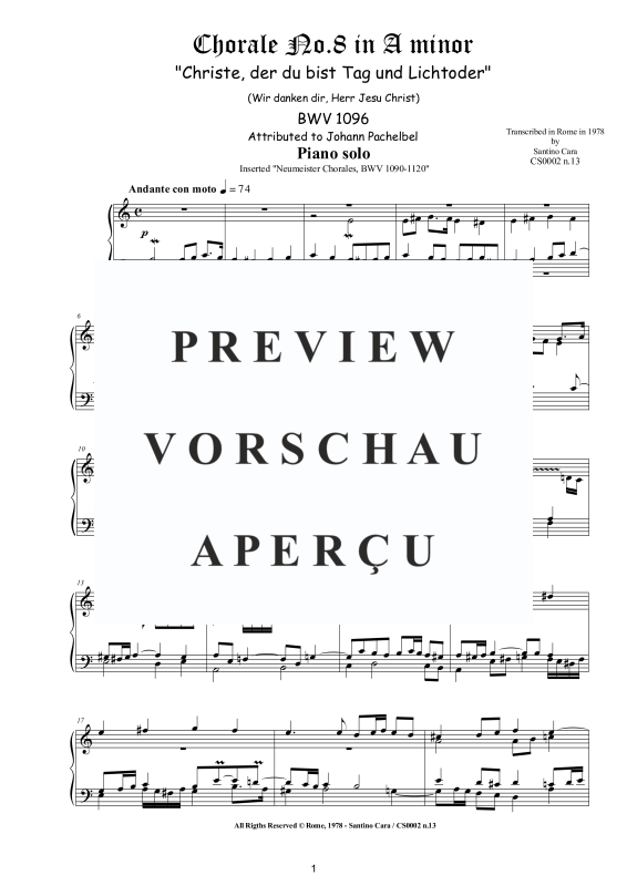 Produktgalerie: Seite 2 von 4 Choral No.8 in A-Moll (Christe, der du bist Tag und Licht) BWV 1096, , Klavier Solo
