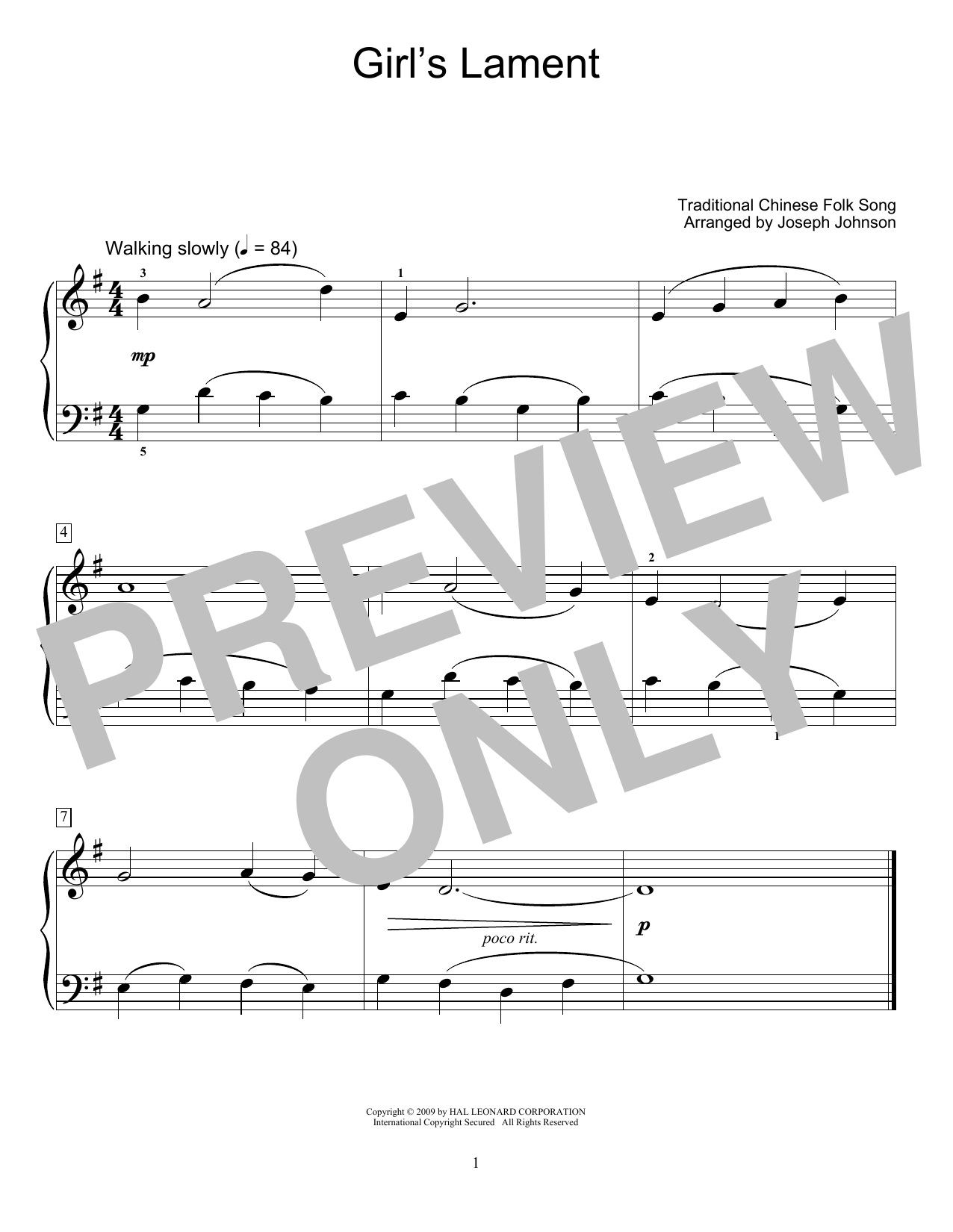 Product gallery: Page 1 of 1 Girl's Lament (arr. Joseph Johnson), Traditional Chinese Folk Song