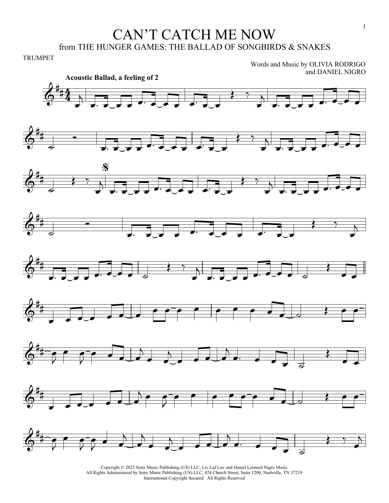 Produktgalerie: Seite 1 von 1 Can't Catch Me Now (from The Hunger Games: The Ballad Of Songbirds & Snakes), Olivia Rodrigo, Trompete