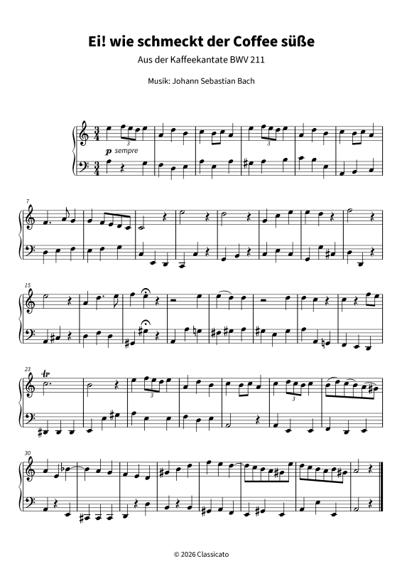 Produktgalerie: Seite 1 von 5 Ei! wie schmeckt der Coffee süße - Aus der Kaffeekantate BWV 211 - vereinfacht in a-Moll, , Klavier Solo