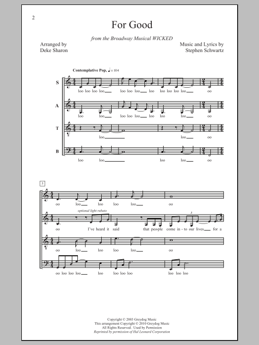 Product picture to: For Good (from Wicked) (arr. Deke Sharon)