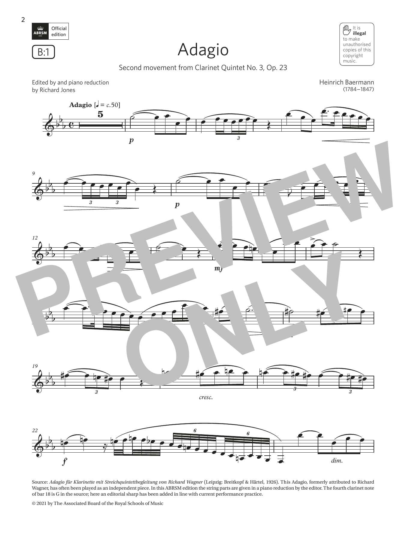 Product gallery: Page 1 of 1 Adagio (from Clarinet Quintet No. 3) (Grade 6 List B1 from the ABRSM Clarinet syllabus from 2022), Heinrich Baermann