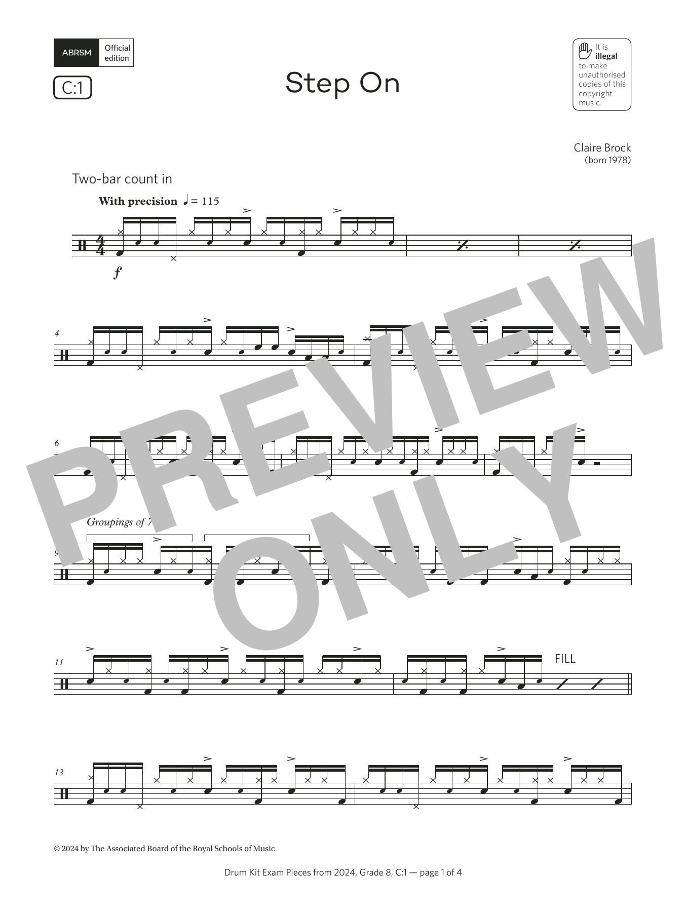 Product gallery: Page 1 of 1 Step On (Grade 8, list C1, from the ABRSM Drum Kit Syllabus 2024), Claire Brock