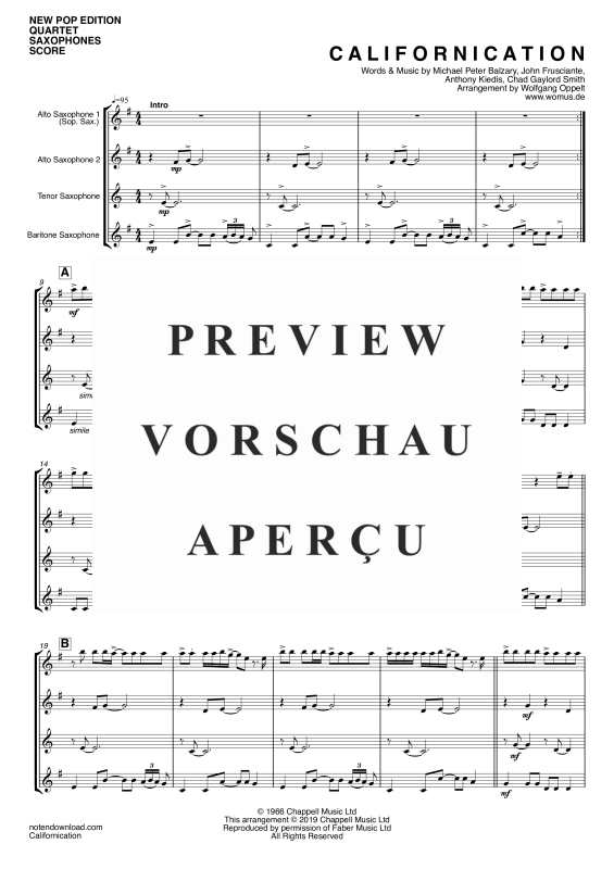 Product gallery: Page 4 of 11 Californication, Red Hot Chili Peppers, (Saxophone Quartet A(S)ATB)