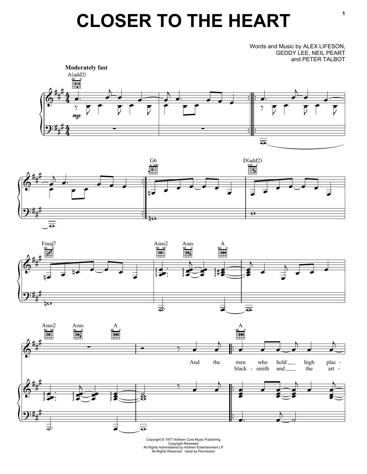 Produktgalerie: Seite 1 von 1 Closer To The Heart, Rush, Gesang, Gitarre, Klavier