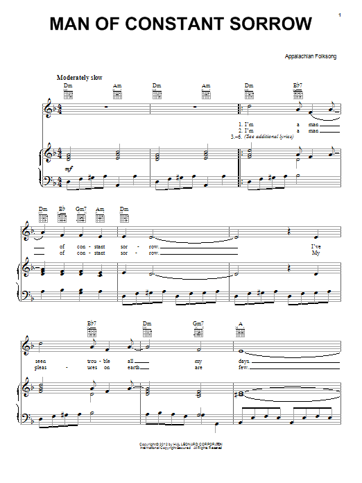 Produktgalerie: Seite 1 von 1 Man Of Constant Sorrow, Traditional, Gesang, Gitarre, Klavier