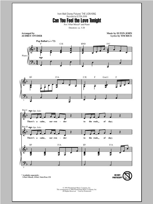 Produktbild zu: Can You Feel The Love Tonight (from The Lion King) (arr. Audrey Snyder)