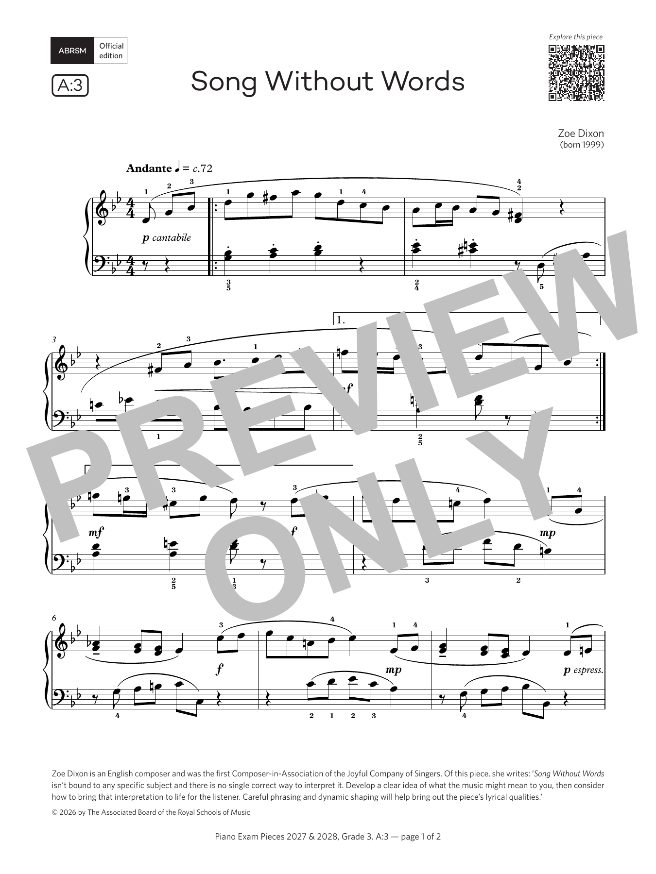Product gallery: Page 1 of 1 Song Without Words (Grade 3, list A3, from the ABRSM Piano Syllabus 2027 & 2028), Zoe Dixon