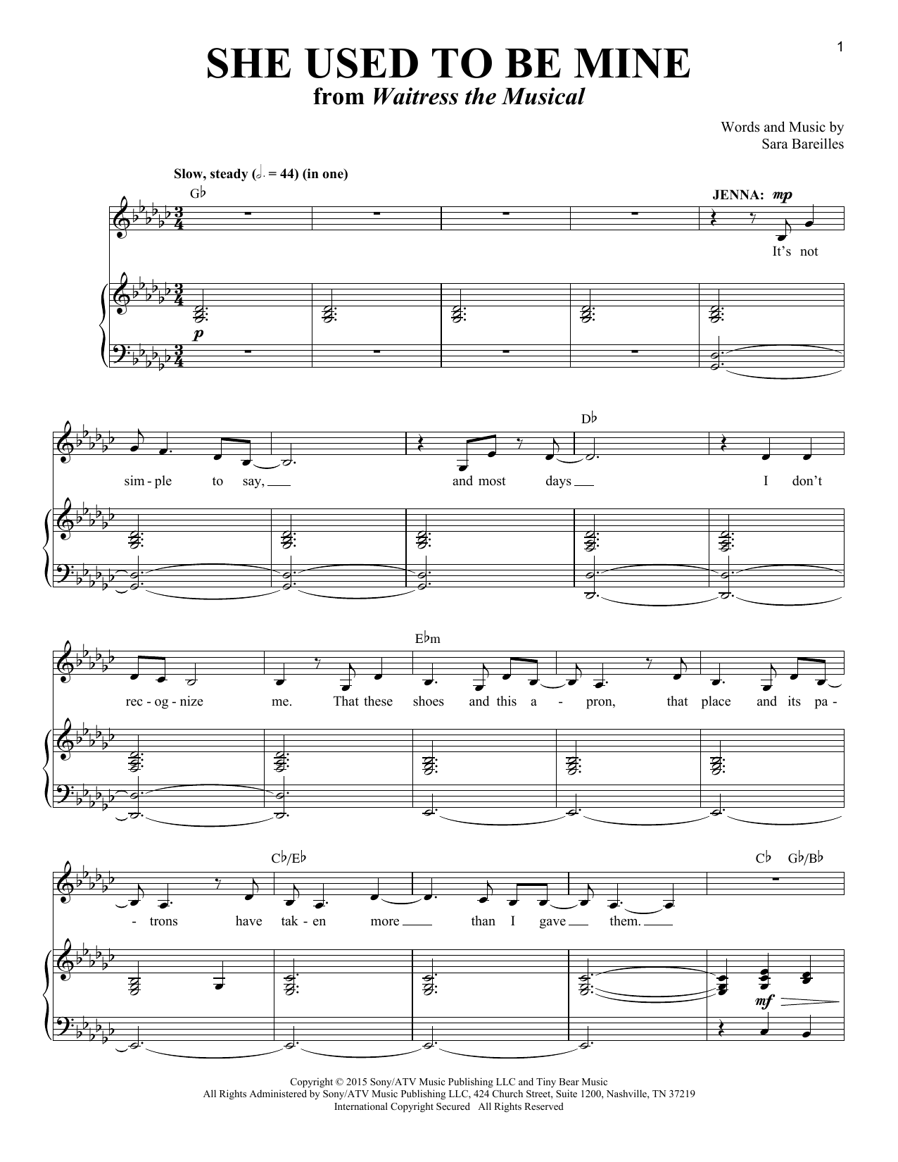 Produktgalerie: Seite 1 von 1 She Used To Be Mine (from Waitress The Musical), Sara Bareilles, Gesang, Klavier