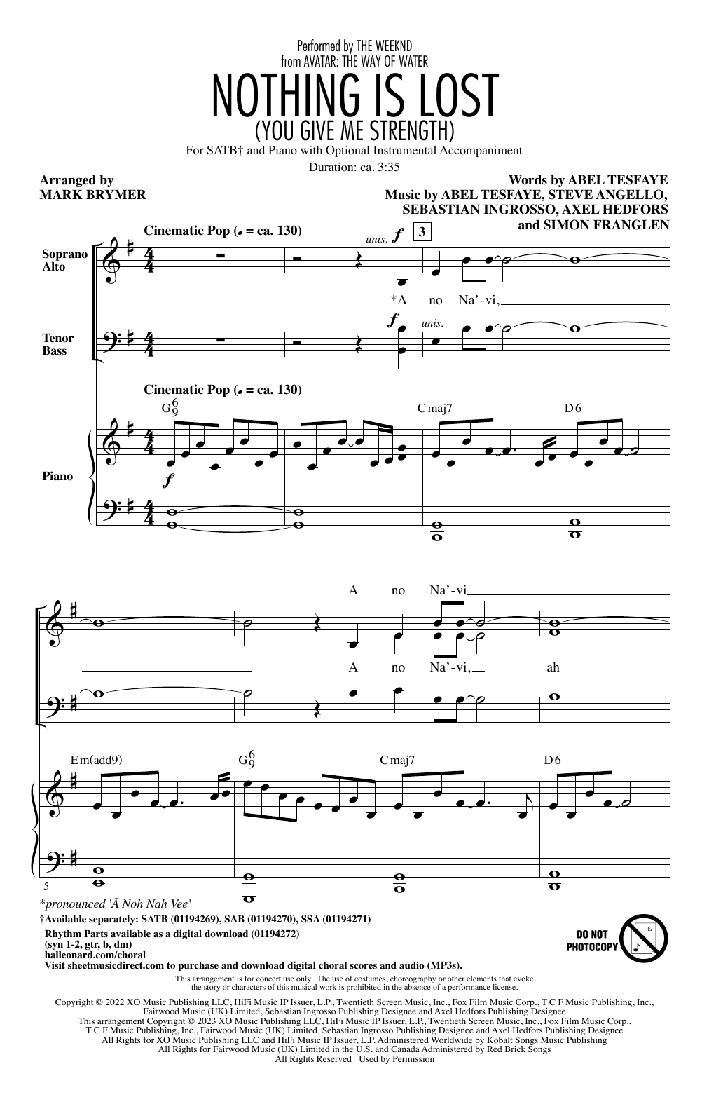 Product picture to: Nothing Is Lost (You Give Me Strength) (arr. Mark Brymer)
