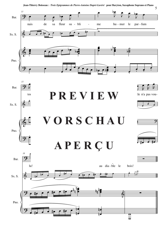 Product gallery: Page 6 of 16 Trois Épigrammes de Pierre-Antoine Dupré-Lavaré , , (baritone voice, soprano saxophone + piano)