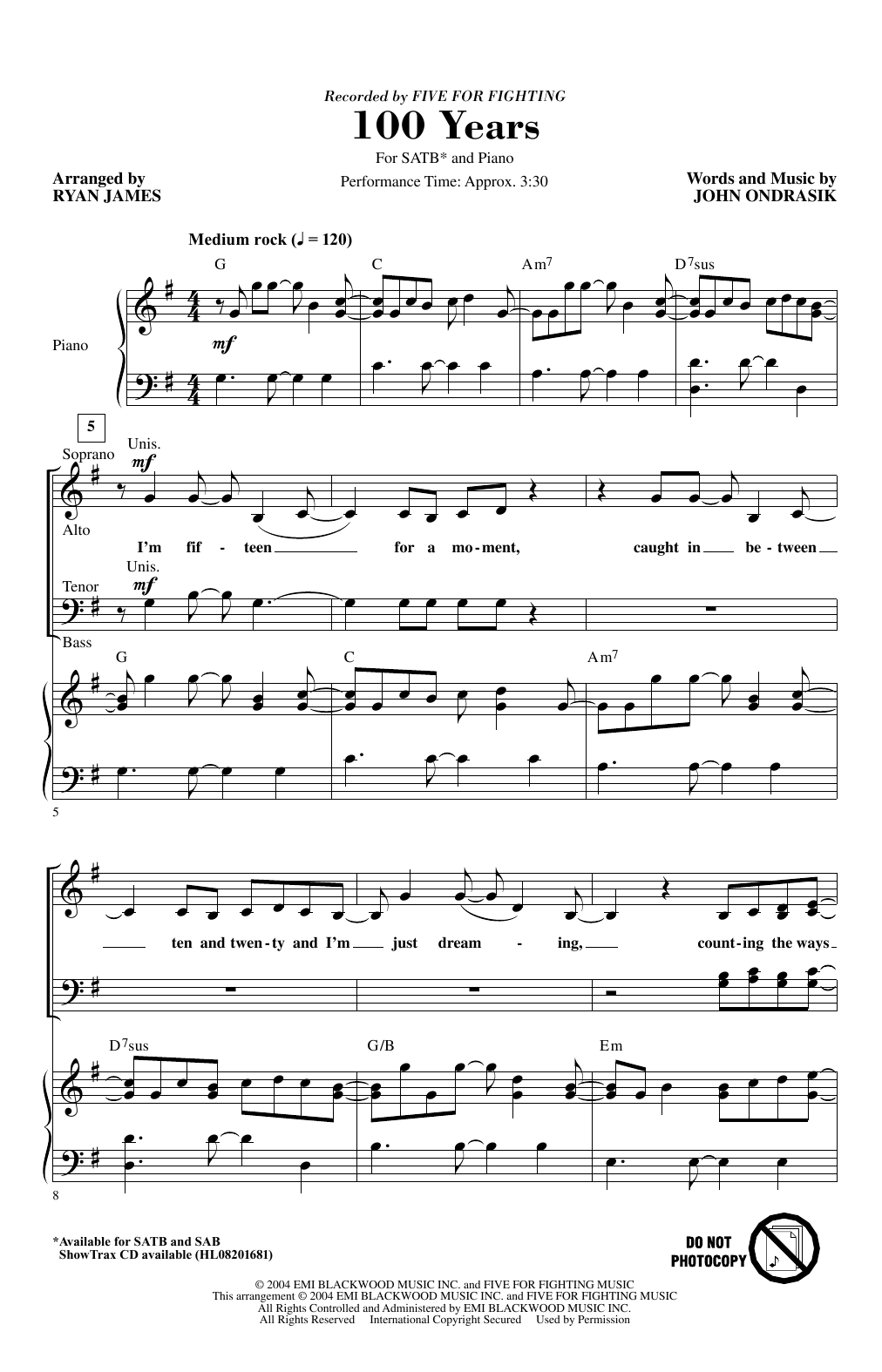 Product picture to: 100 Years (arr. Ryan James)