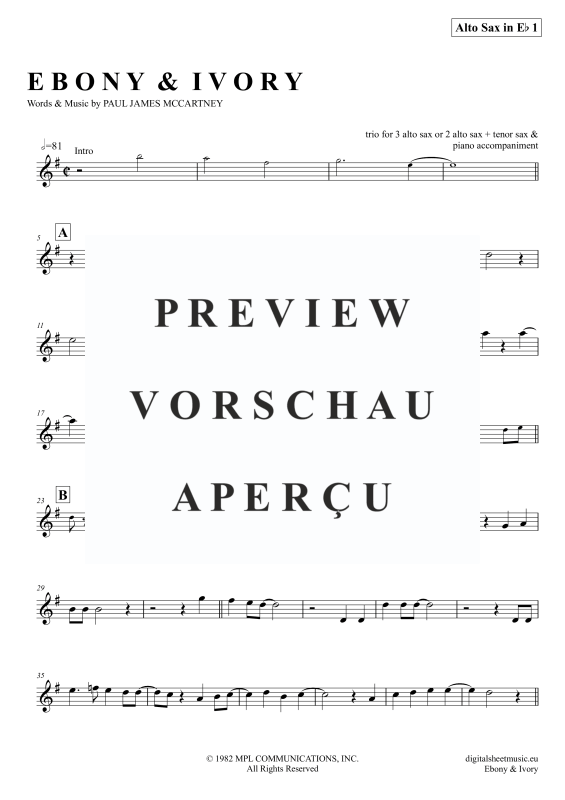 Produktgalerie: Seite 9 von 11 Ebony And Ivory, McCartney, Paul/Wonder, Stevie, (Saxophon Trio AAA(T) + Klavier)