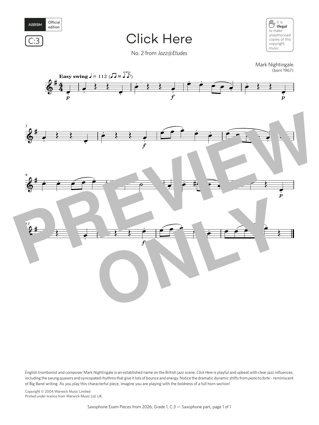 Product gallery: Page 1 of 1 Click Here (Grade 1, list C3, from the ABRSM Saxophone Syllabus from 2026), Mark Nightingale