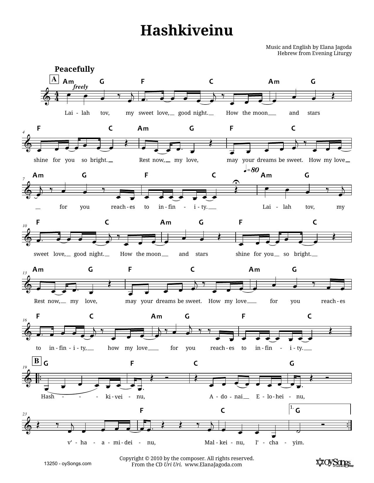 Produktgalerie: Seite 1 von 1 Hashkiveinu, Elana Jagoda, Melodieinstrument