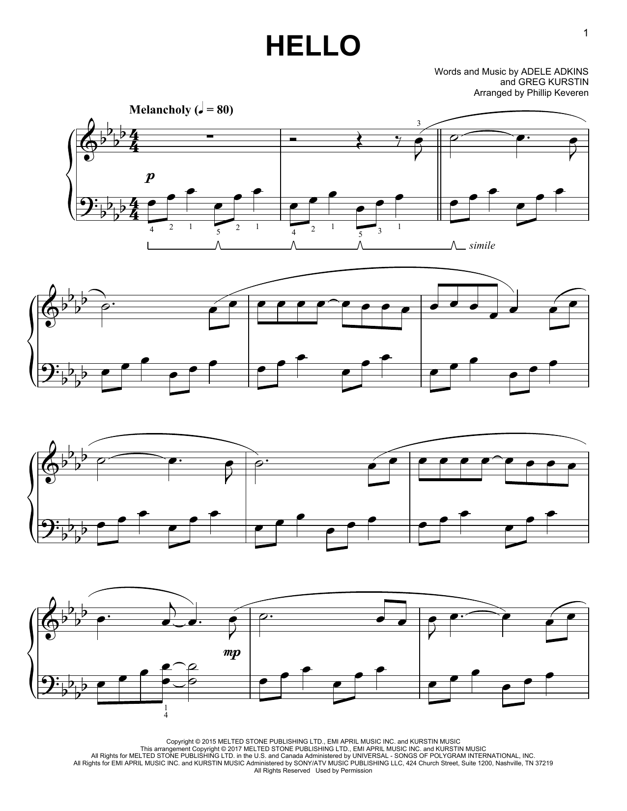 Produktgalerie: Seite 1 von 1 Hello [Classical version] (arr. Phillip Keveren), Adele, Klavier