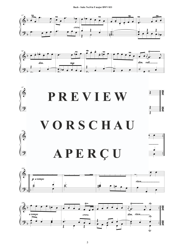 Produktgalerie: Seite 6 von 9 Suite No.8 in F-Dur BWV 833 - Complete Piano Version, , Klavier Solo