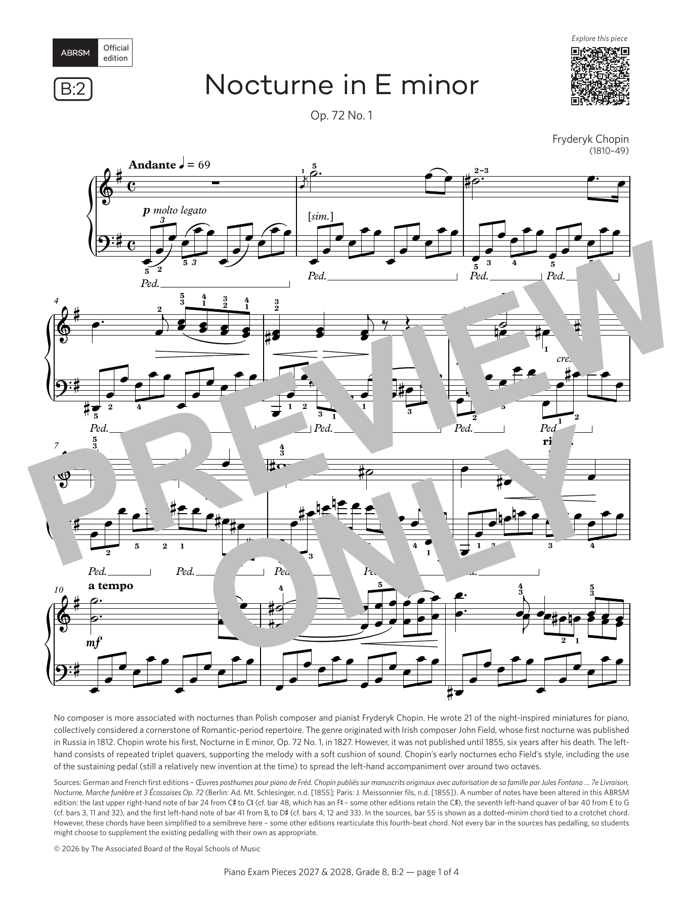 Product gallery: Page 1 of 1 Nocturne in E minor (Grade 8, list B2, from the ABRSM Piano Syllabus 2027 & 2028), Fryderyk Chopin