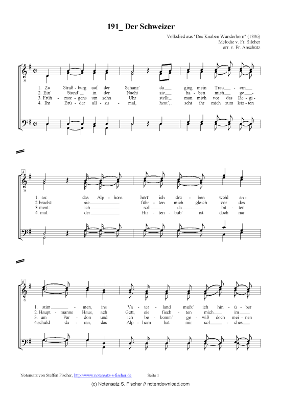 Product picture to: Der Schweizer  Volkslied aus "Des Knaben Wunderhorn" (1806) Melodie v. Fr. Silcher arr. V. Fr. Anschütz 