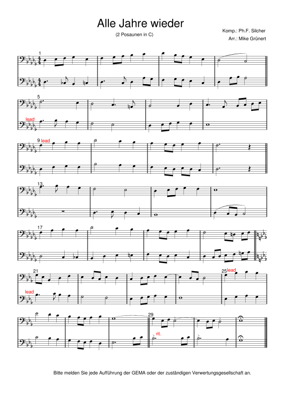 gallery: Deutsche Weihnachtslieder, , 15 Duette für 2 Posaunen oder Instrumente in C Bassschlüssel