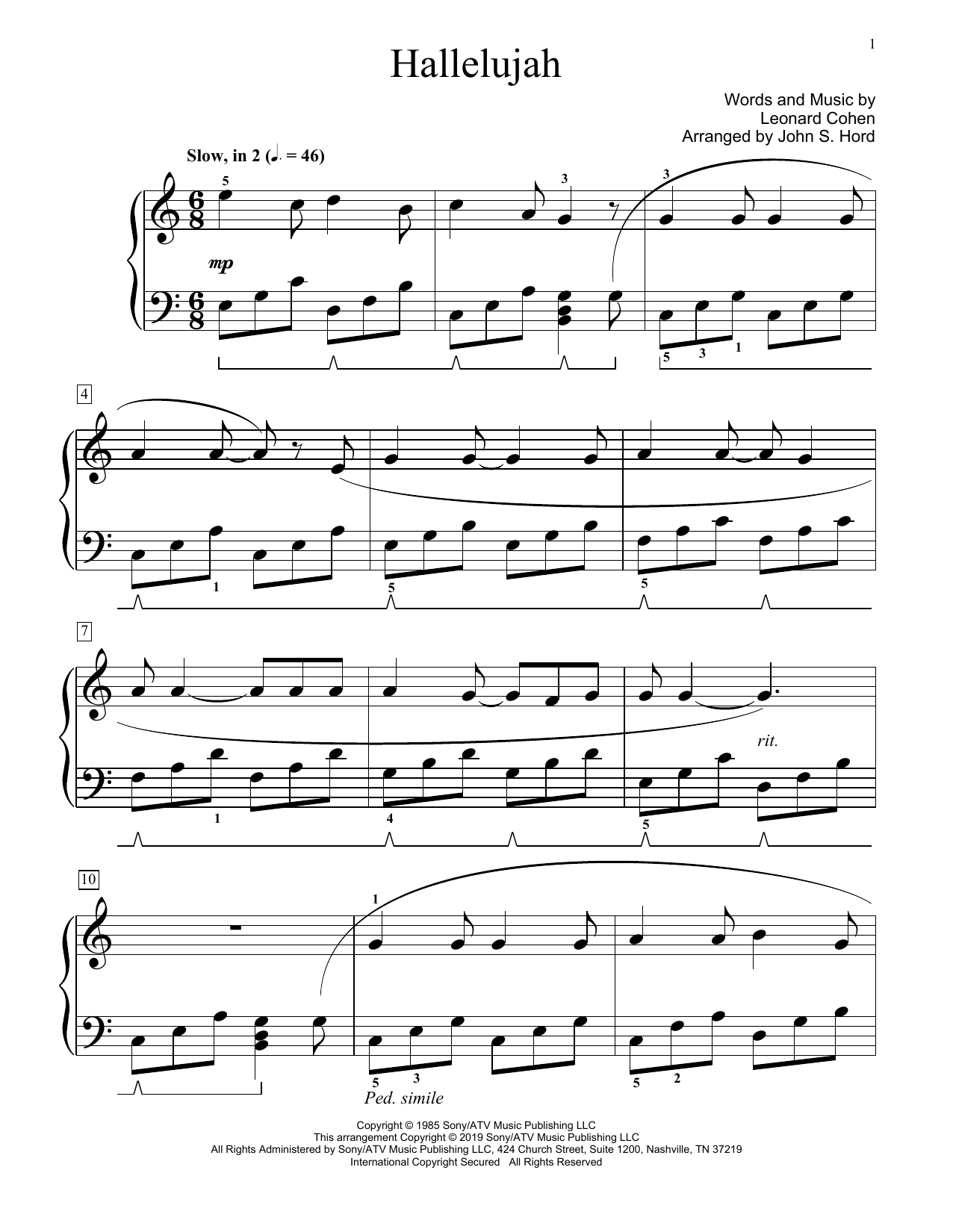 Produktgalerie: Seite 1 von 1 Hallelujah (arr. John S. Hord), Leonard Cohen, Klavier