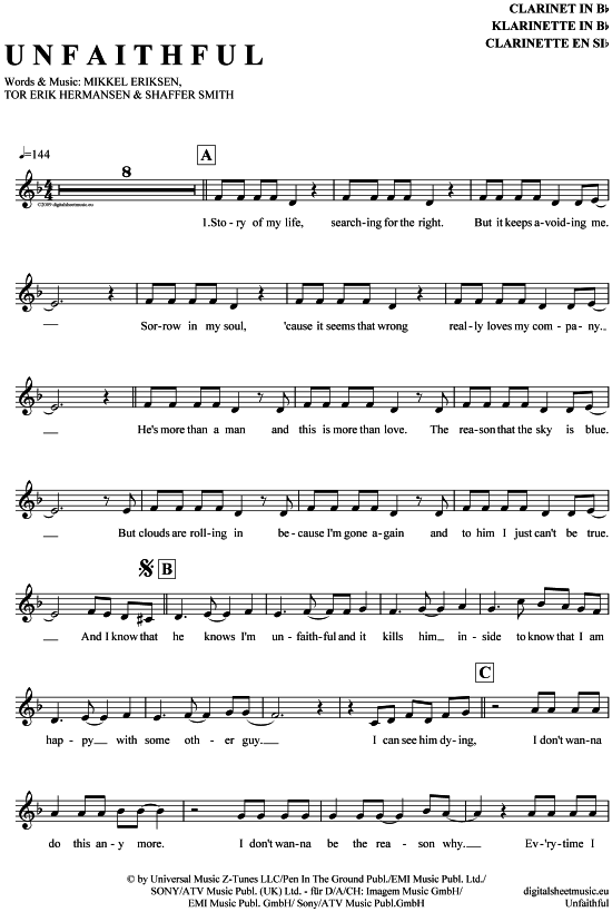 Product gallery: Page 1 of 4 Unfaithful , Rihanna, Clarinet in B-flat