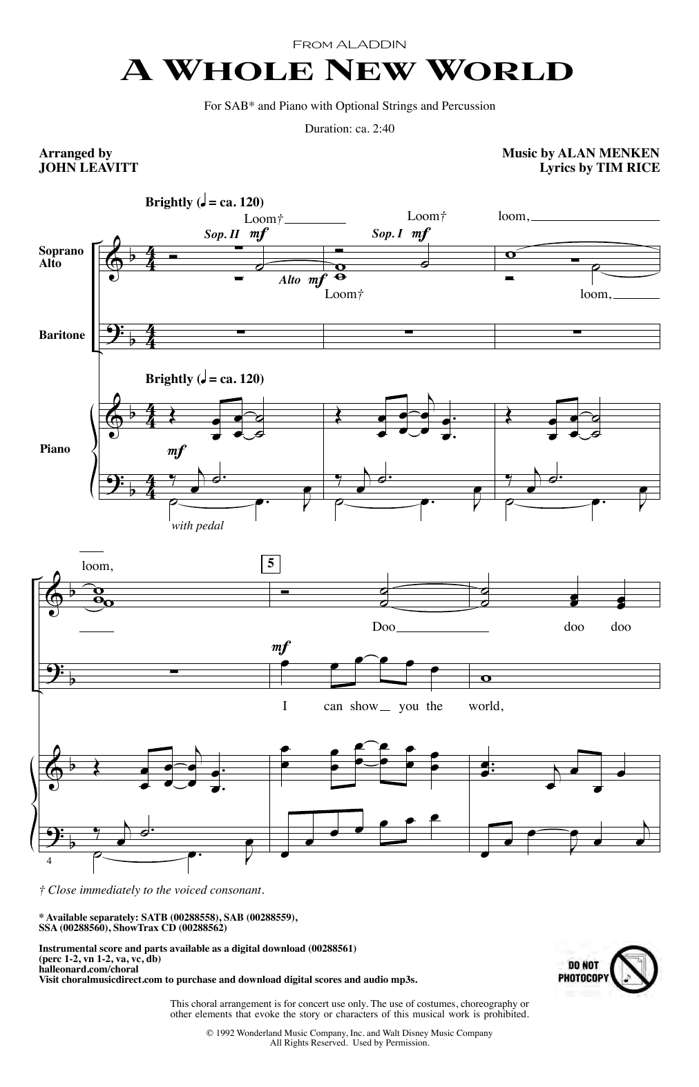 Product picture to: A Whole New World (from Aladdin) (arr. John Leavitt)