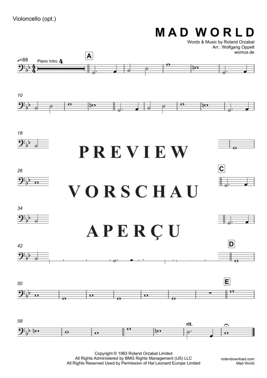 Produktgalerie: Seite 8 von 8 Mad World, Andrews, Michael & Jules, Gary, Trompete in B und Klavier, Violoncello optional 