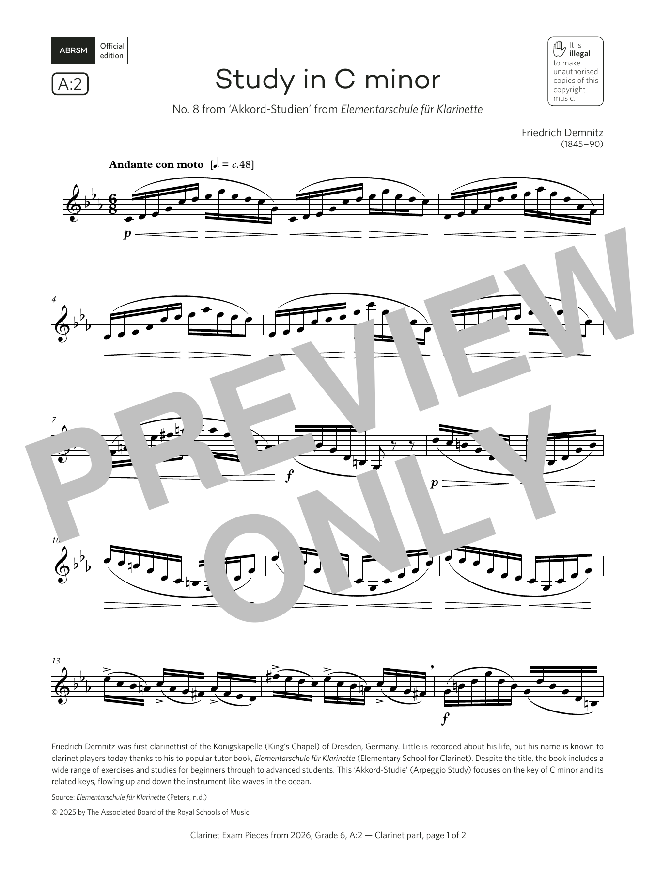 Product gallery: Page 1 of 1 Study in C minor (Grade 6, list A2, from the ABRSM Clarinet Syllabus from 2026), Friedrich Demnitz