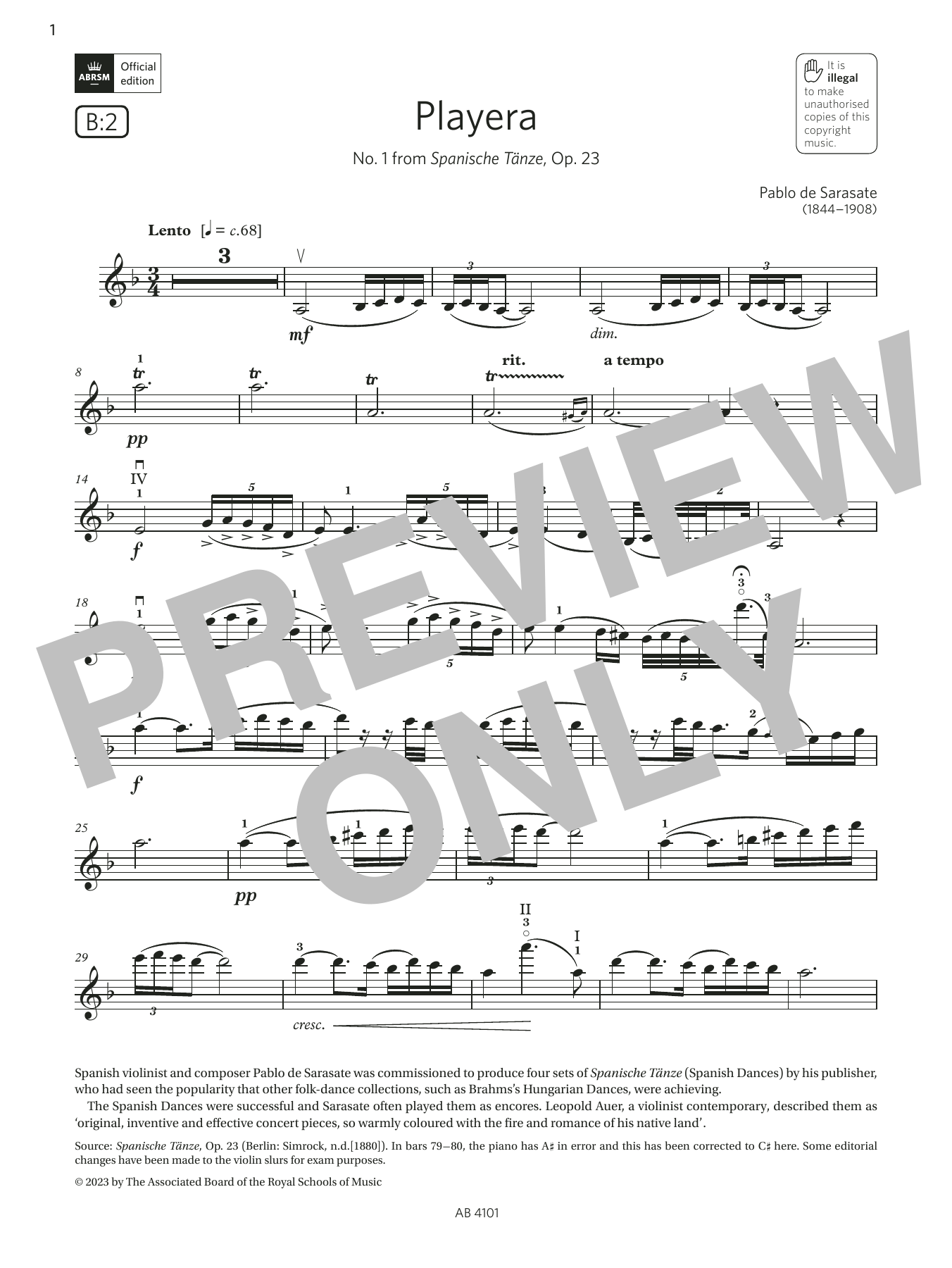 Product gallery: Page 1 of 1 Playera (Grade 7, B2, from the ABRSM Violin Syllabus from 2024), Pablo De Sarasate