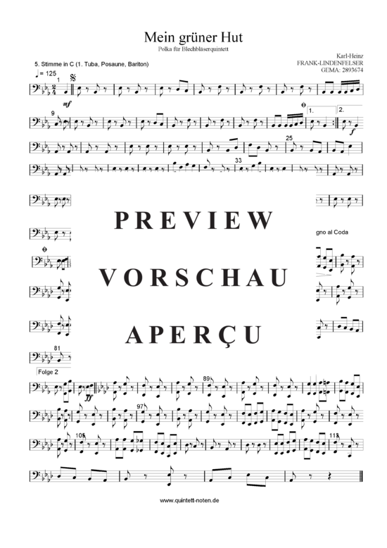 Produktgalerie: Seite 21 von 21 Mein Grüner Hut , Blasorchester Fatamo, (Blechbläser Quintett - Flexible Besetzung + Schlagzeug)