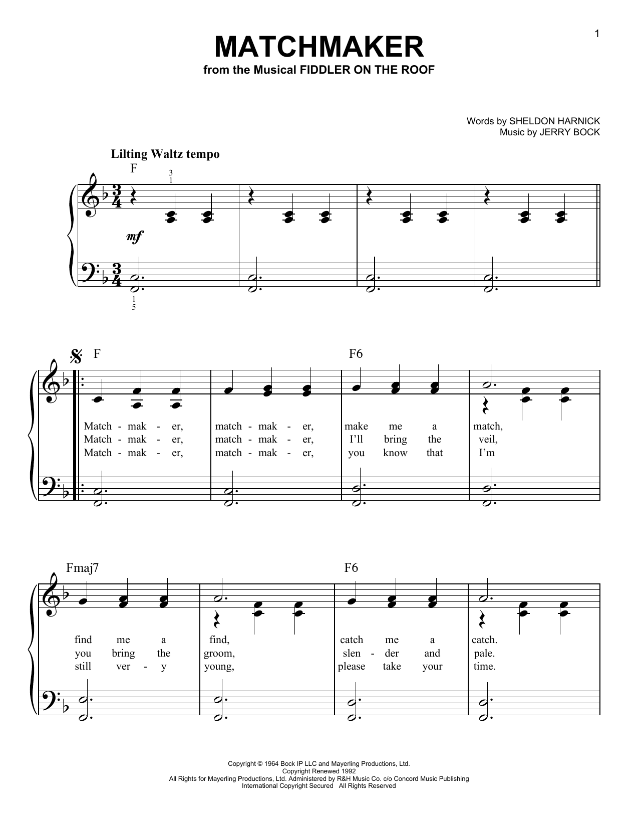 Produktgalerie: Seite 1 von 1 Matchmaker (from Fiddler On The Roof), Bock & Harnick, Klavier