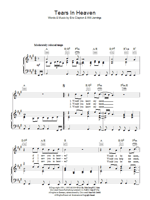 Produktgalerie: Seite 1 von 1 Tears In Heaven, Eric Clapton, Gesang, Gitarre, Klavier