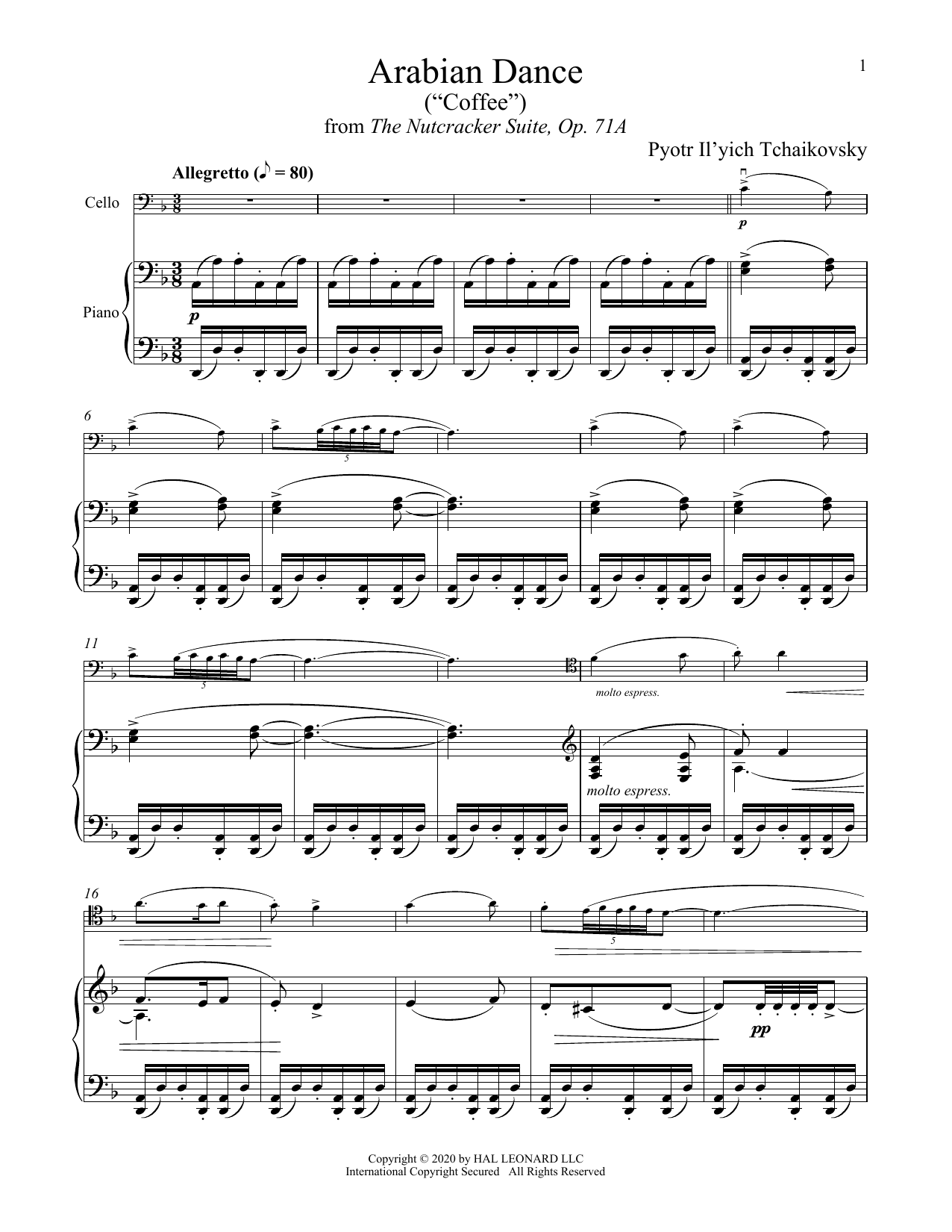 Produktgalerie: Seite 1 von 1 Arabian Dance ("Coffee"), Op. 71a (from The Nutcracker), Pyotr Il'yich Tchaikovsky, Klavier, Violoncello
