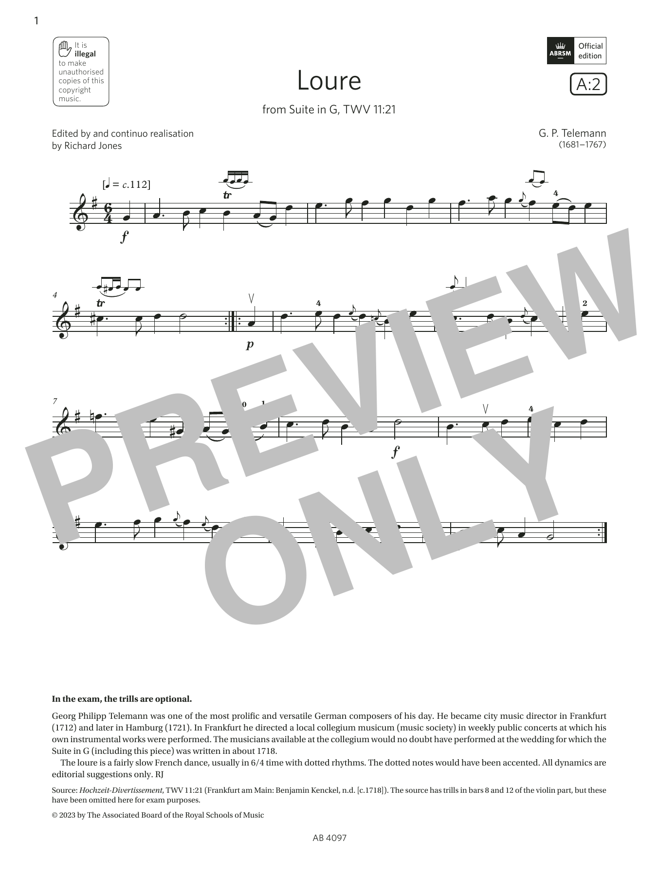 Produktbild zu:  Loure (Grade 3, A2, from the ABRSM Violin Syllabus from 2024) - G. P. Telemann