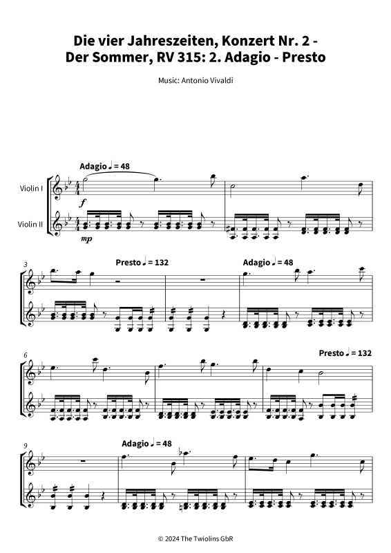Produktgalerie: Seite 1 von 5 Die vier Jahreszeiten, Konzert Nr. 2 - Der Sommer - 2. Adagio, The Twiolins, (Duett 2x Violine)