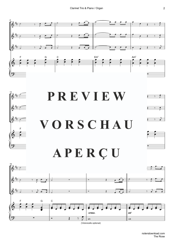 Product gallery: Page 5 of 11 The Rose, Midler, Bette, Trio For 3 Clarinets In Key, Piano/Organ, Cello (Optional) - Single Version