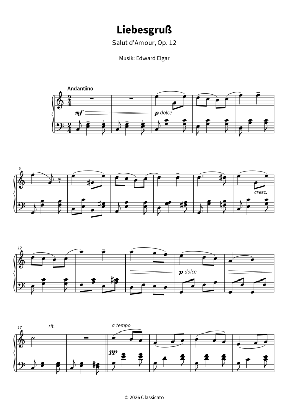gallery: Liebesgruß - Salut d´Amour op. 12 - vereinfachte Fassung in C-Dur - zart und herzlich fließend, , Klavier Solo