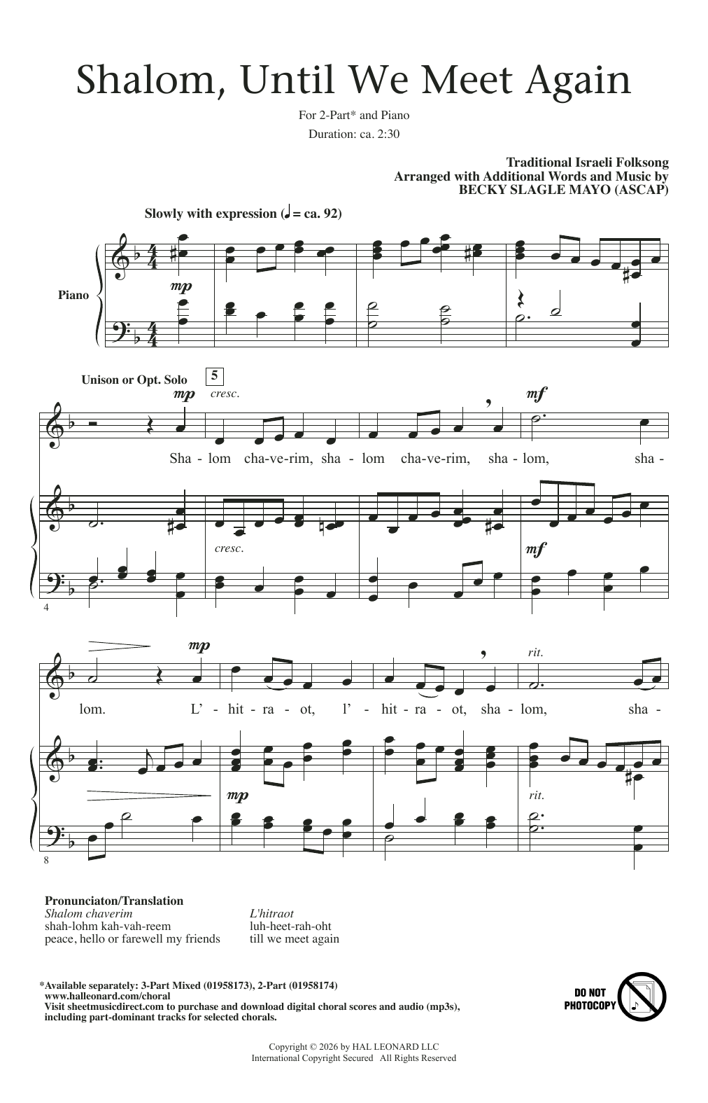 Produktgalerie: Seite 1 von 1 Shalom, Until We Meet Again (arr. Becki Slagle Mayo), Traditional Israeli Folksong, Chor