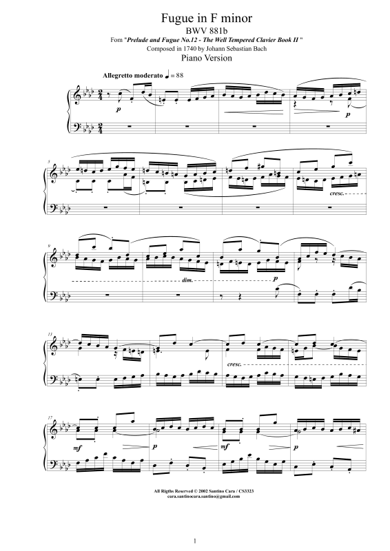 Produktbild zu: Fuge in F-Moll BWV 881b - Piano VersionJohann Sebastian Bach