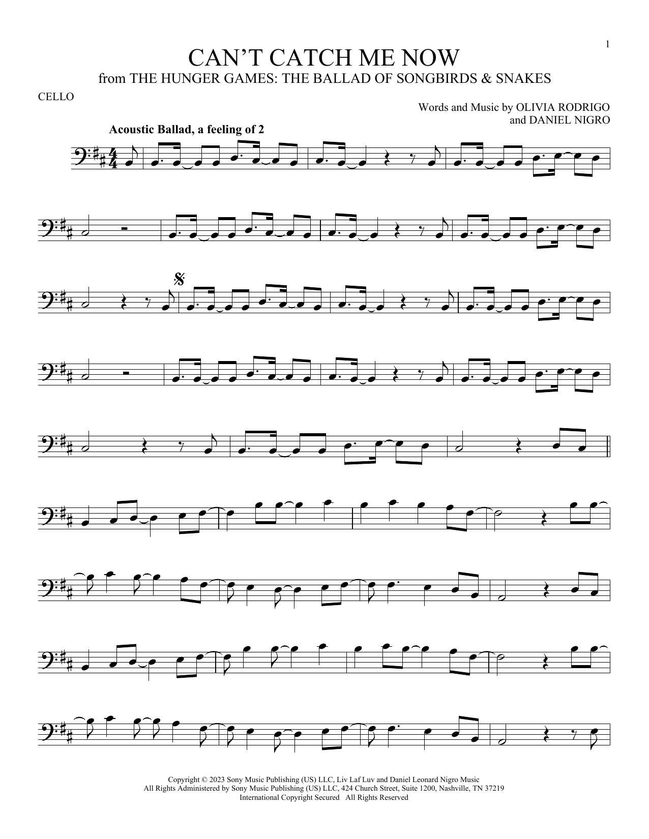 Produktgalerie: Seite 1 von 1 Can't Catch Me Now (from The Hunger Games: The Ballad Of Songbirds & Snakes), Olivia Rodrigo, Violoncello